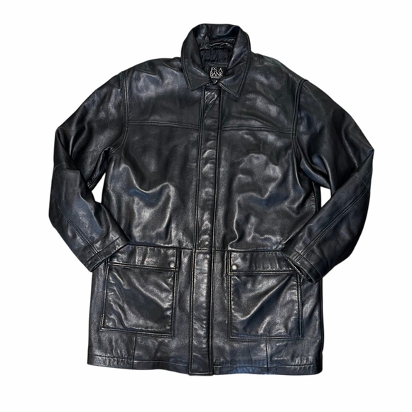 Jos. A. Bank Black Genuine Leather Jacket M medium length Classic Full Zip Fall